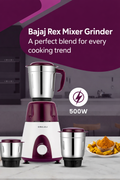 Bajaj-Rex 500W Purple Mixer Heavy Duty Grinding with 3 SS jars - 2 Yr warranty