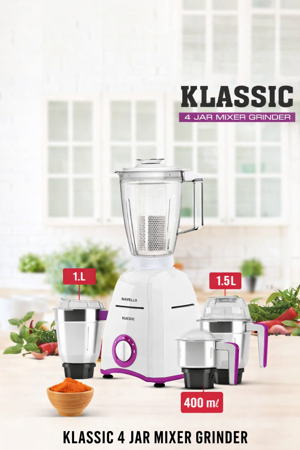 Havells-Klassic White & Purple 5 Pcs 750 W Hands Free Twisting Juice Filter Mixer Grinder
