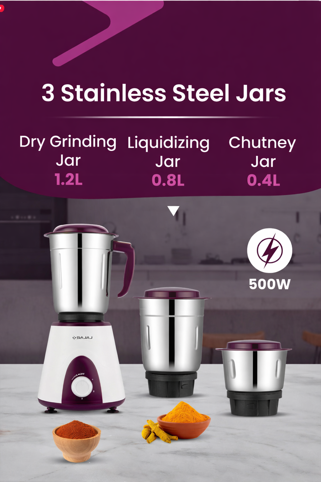 Bajaj-Rex 500W Purple Mixer Heavy Duty Grinding with 3 SS jars - 2 Yr warranty